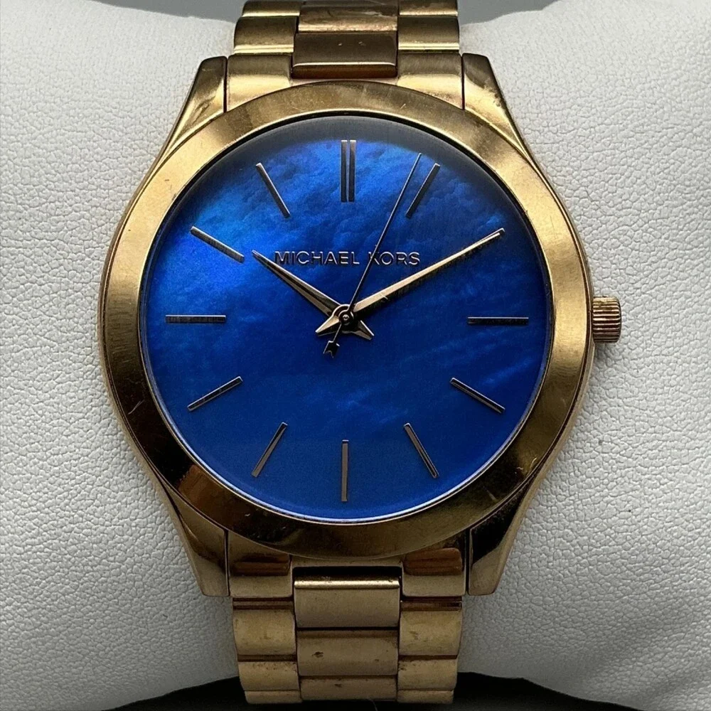Michael Kors Womens Watch 42mm Blue Dial Gold Tone MK-3494 New Battery 6.5